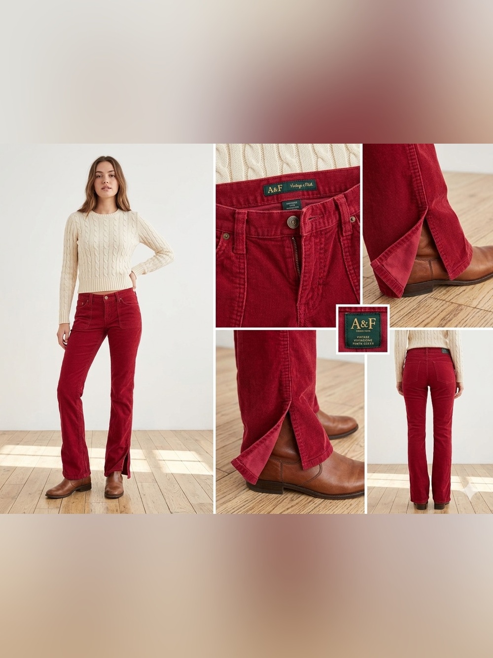 Vintage Abercrombie & Fitch Red Corduroy Split Hem Bootcut Pants y2K 2000’s Sz 2